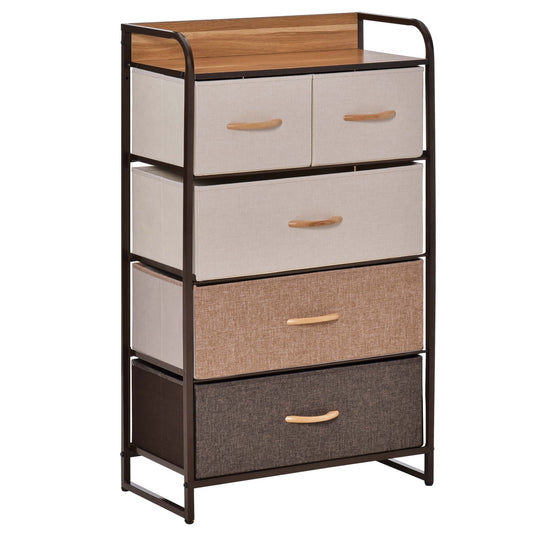 Homcom 5-Drawer Dresser Tower Fabric Chest of Drawers with Steel Frame Wooden Top