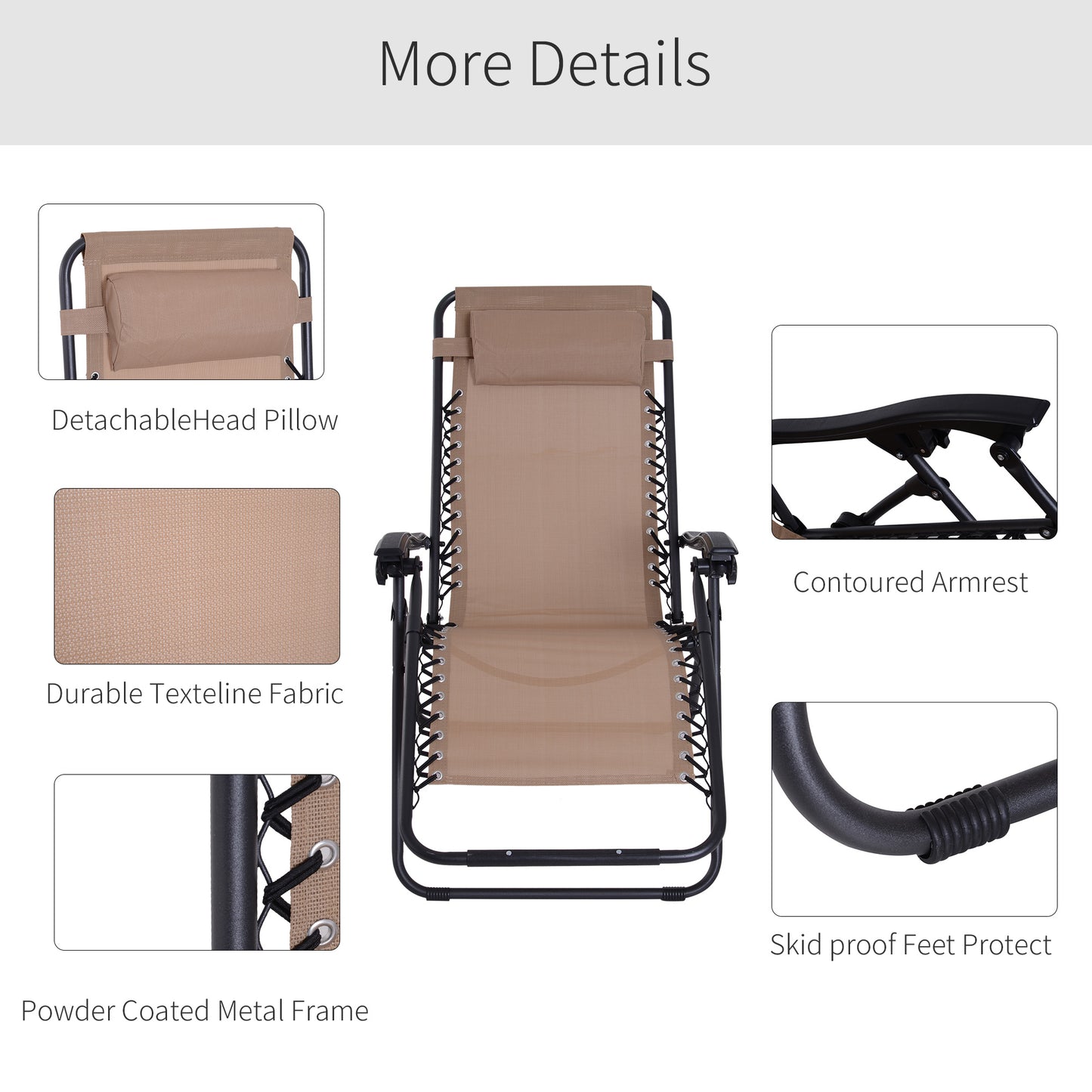 Outsunny Zero Gravity Chair Metal Frame Texteline Armchair Outdoor Folding & Reclining Sun Lounger with Head Pillow for Patio Decking Gardens Camping