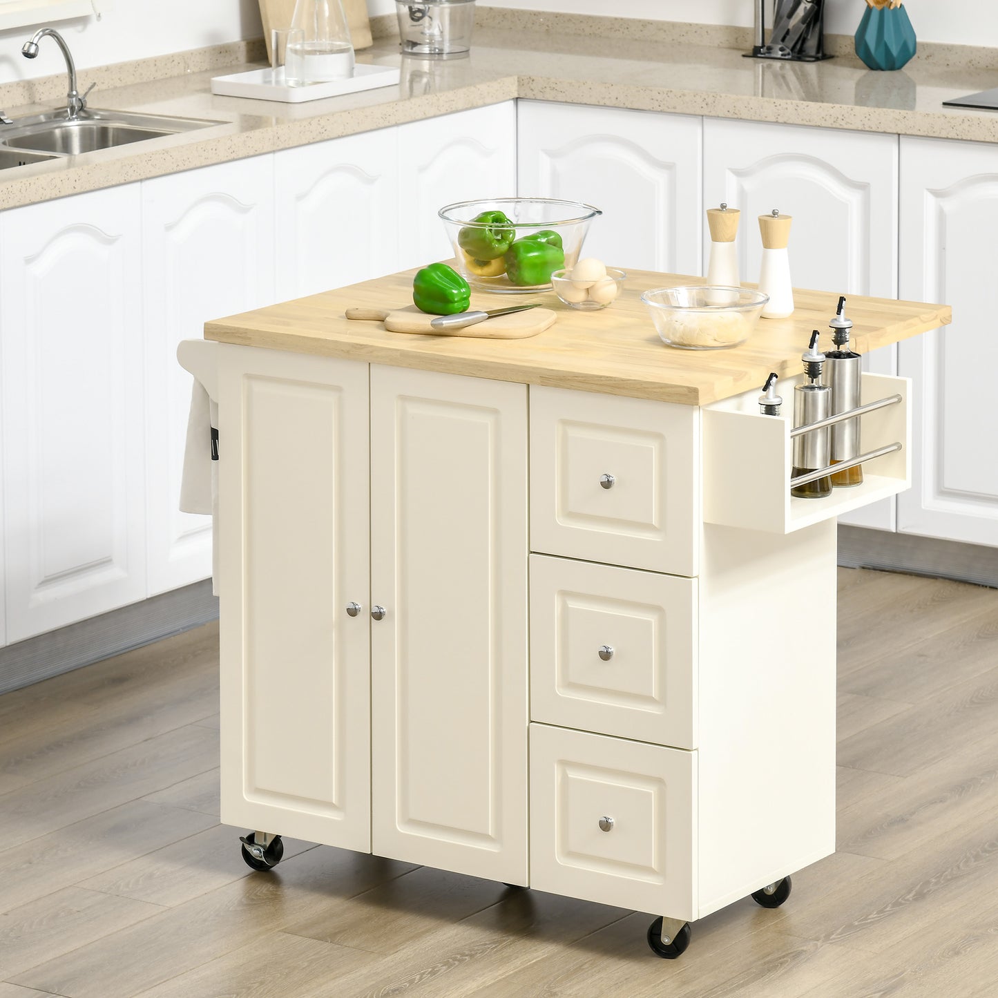 Homcom Drop-Leaf Kitchen Island on Wheels Utility Storage Cart with Drawers & Cabinet for Kitchen