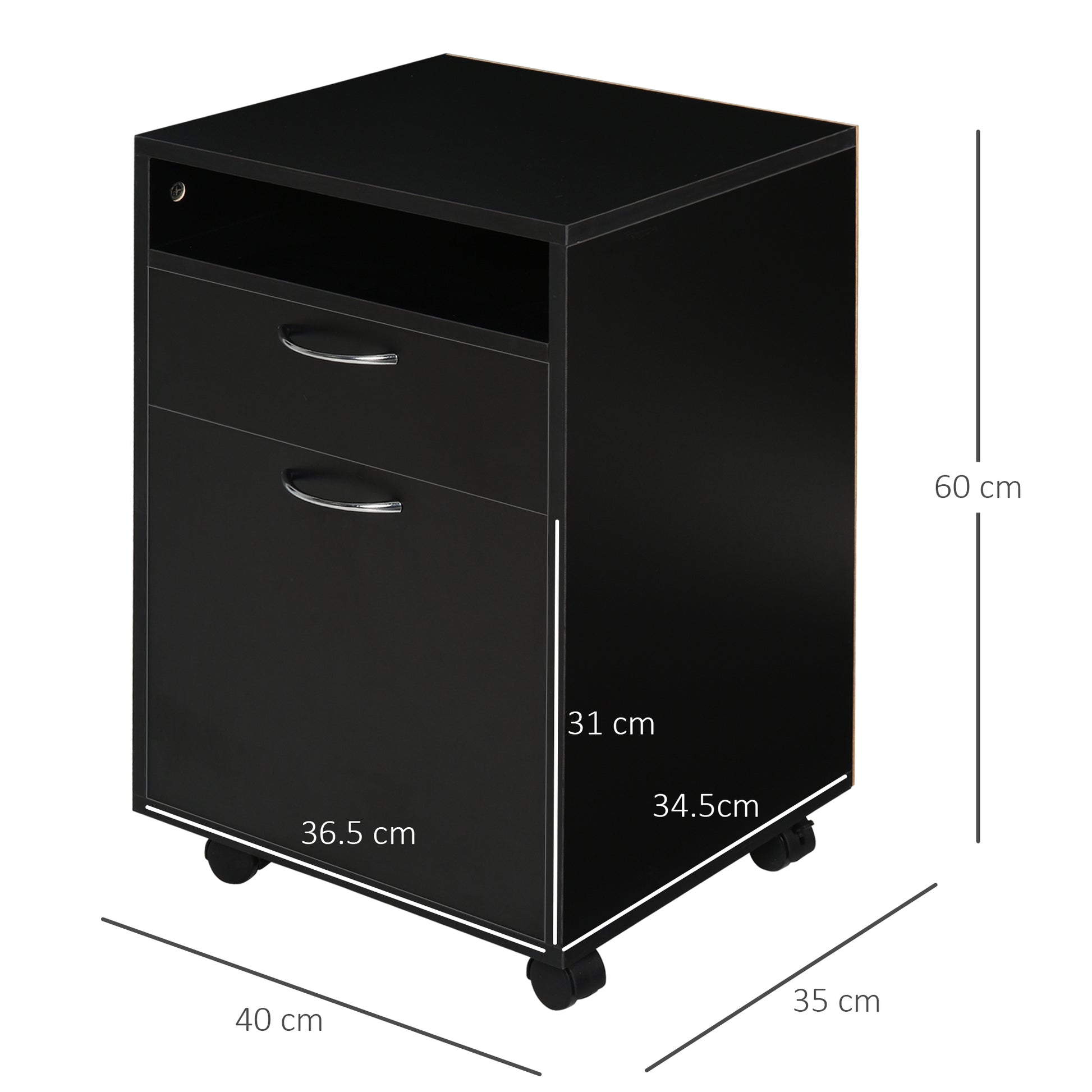 Homcom 60cm Storage Cabinet w/ Drawer Open Shelf Metal Handles 4 Wheels Office Home Organiser Mobile Printer Black