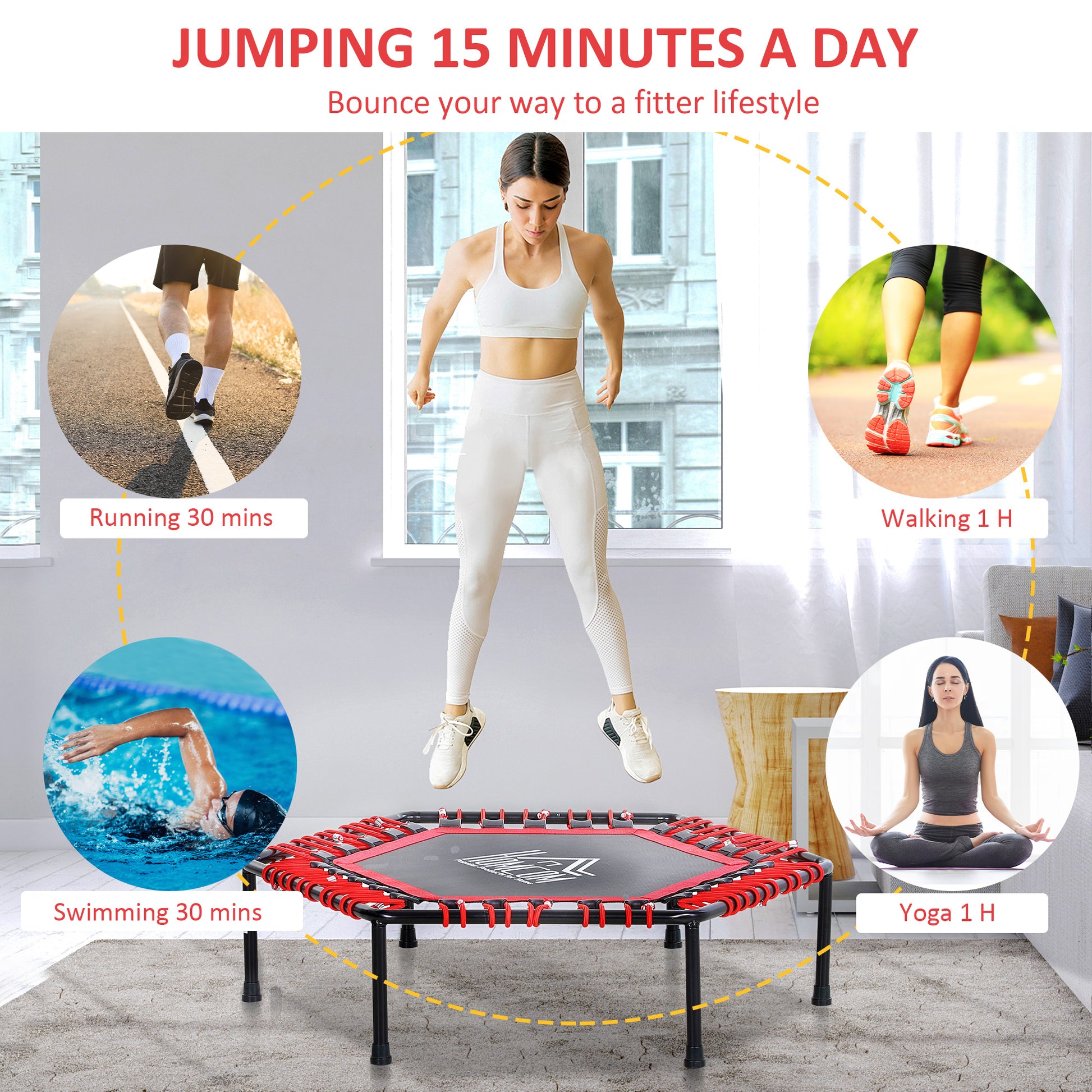 Homcom Mini Hexagon Steel Frame Trampoline with Anti-slip Rubber Pads Red