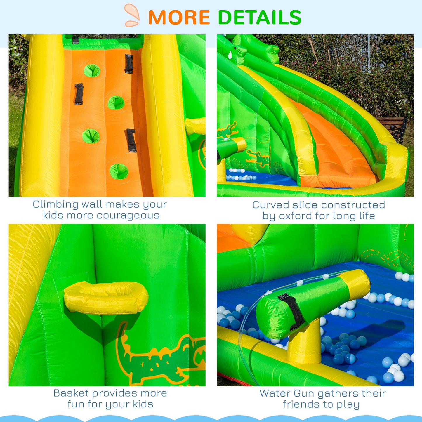 Outsunny 5 in 1 Kids Bouncy Castle Large Crocodile Style Inflatable House Slide Basket Water Pool Gun Climbing Wall with Blower Carrybag for Kids Age 3-8