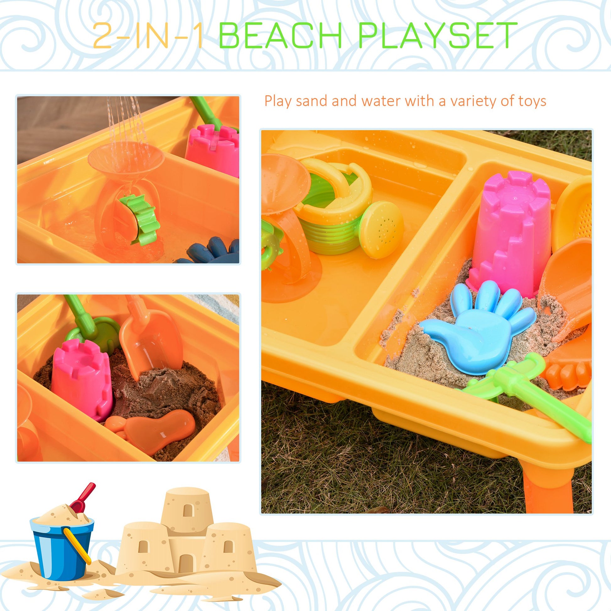 Homcom 16 Pcs Sand and Water Play Table Sand Pit Beach Toy Set 2 in 1 Outdoor Activities Playset with Lid and Accessories for 3 Years Old