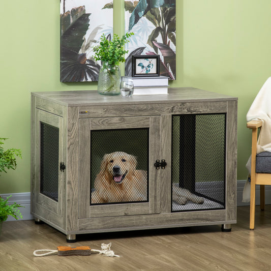 Pawhut Two-In-One Dog Cage & Side Table With Two Doors Cushion For Large Dogs