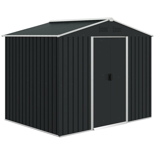 7.7 x 5.7ft Metal Garden Shed, Galvanised Outdoor Tool Storage House with Ventilation Slots and Sliding Doors, Grey-0