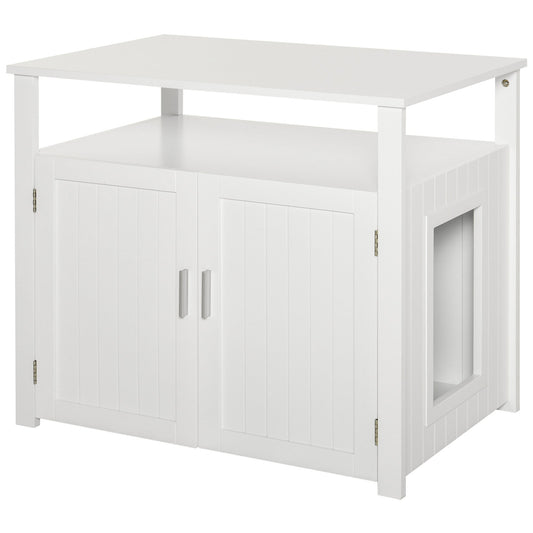 Wooden Cat Litter Box Enclosure Furniture with Adjustable Interior Wall & Large Tabletop for Nightstand, White-0