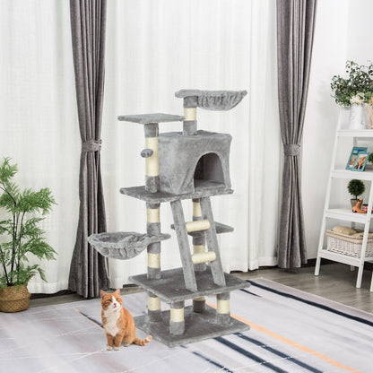 PawHut Cats 6-Tier Sisal Rope Activity Tree w/ Dangle Toy Grey