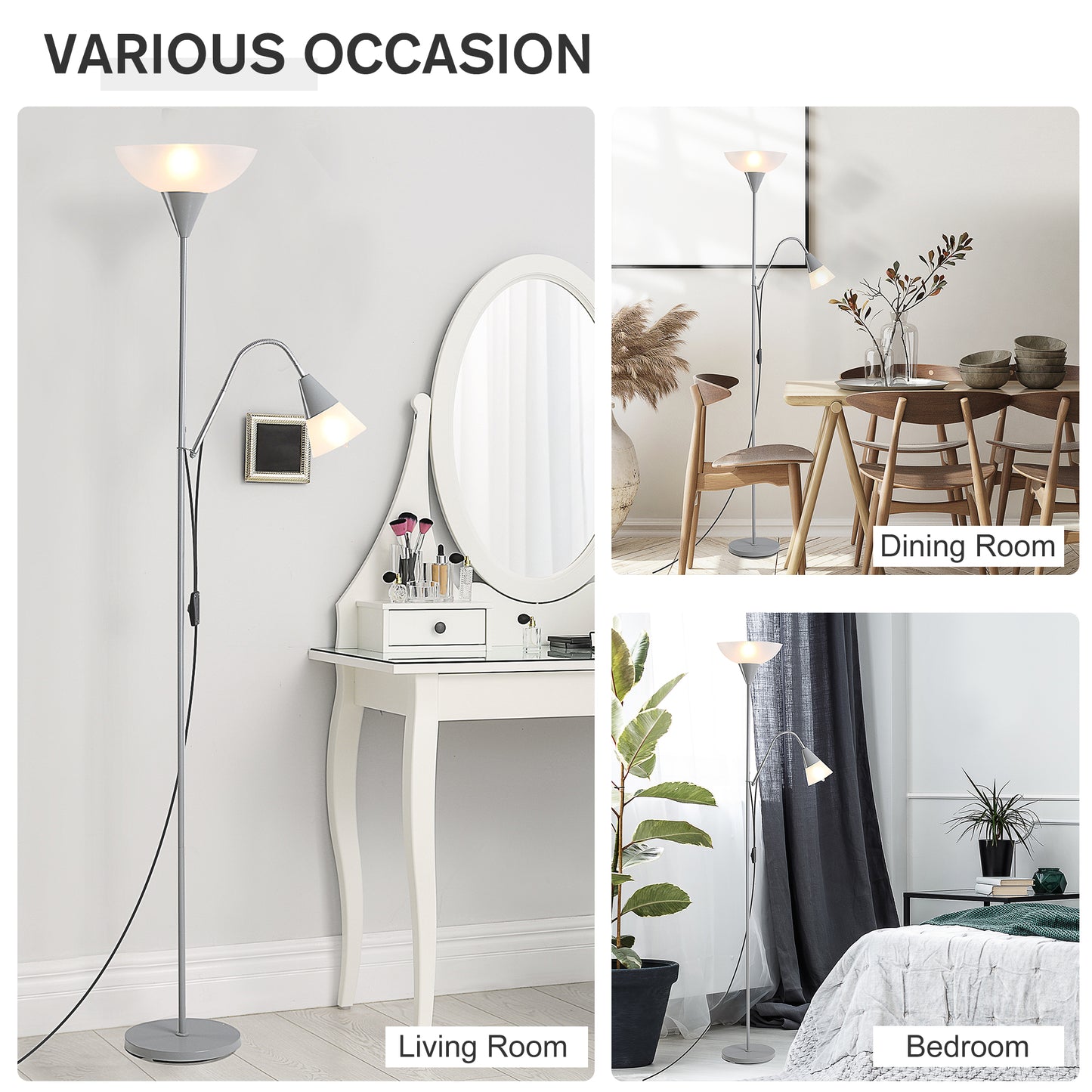 Homcom Modern Floor Reading Lamp 2 Adjustable Heads Light Steel Base Living Room Bedroom Office