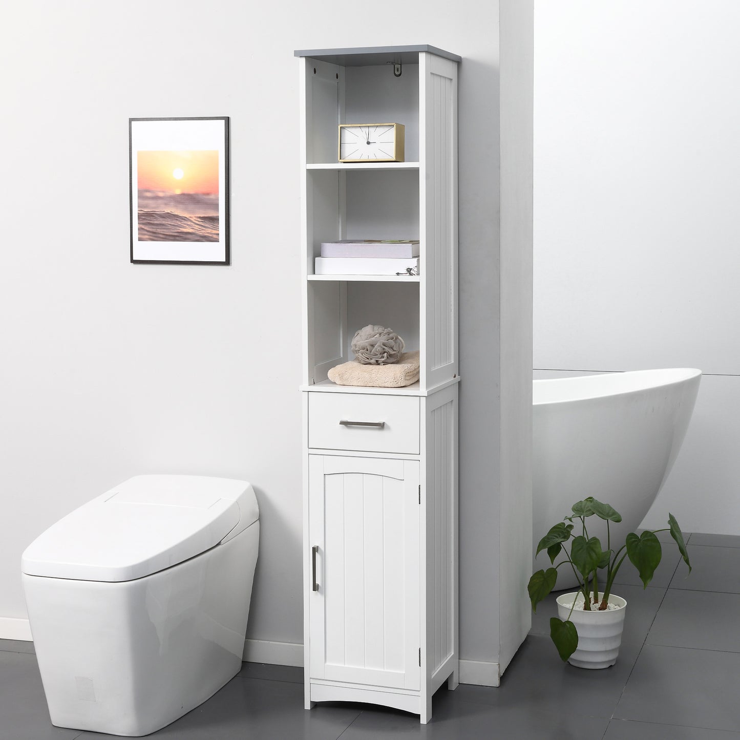 kleankin Tall Bathroom Storage Cabinet with 3 Tier Shelf