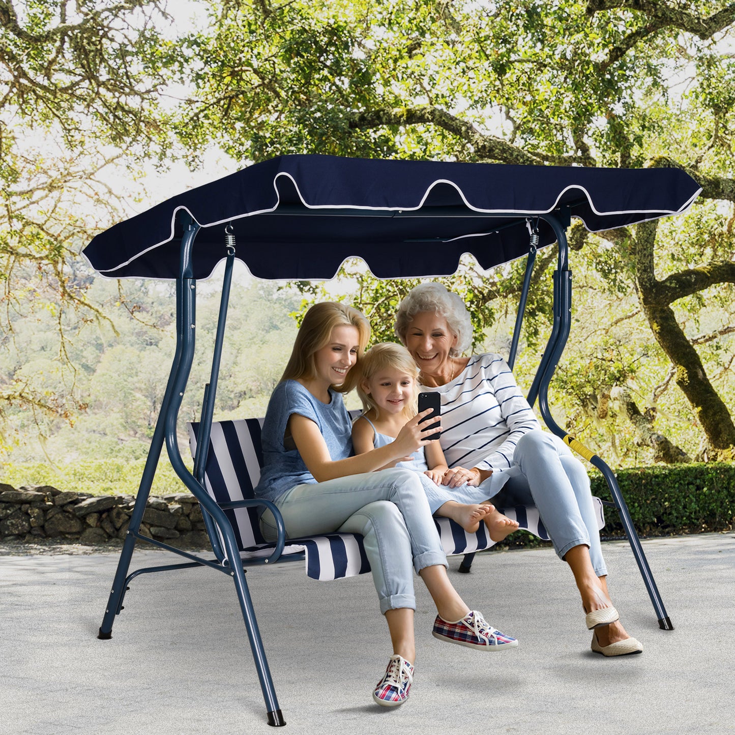 Outsunny 3 Seater Canopy Swing Chair Outdoor Garden Bench With Adjustable Canopy And Metal Frame - Blue Stripes