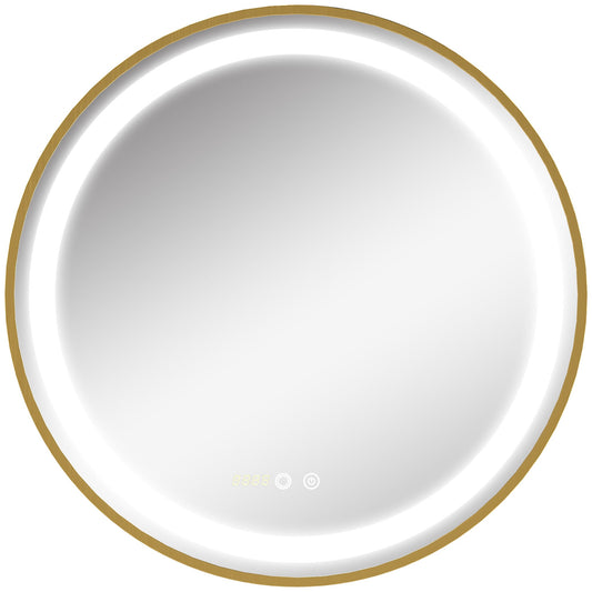 Round Illuminated Bathroom Mirrors Dimmable LED Lighted Wall Mount Mirror w/ 3 Colours, Time Display, Memory Function, 60cm-0