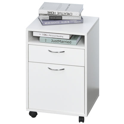 Homcom 60cm Storage Cabinet w/ Drawer Open Shelf Metal Handles 4 Wheels Office Home Organiser Mobile Printer White