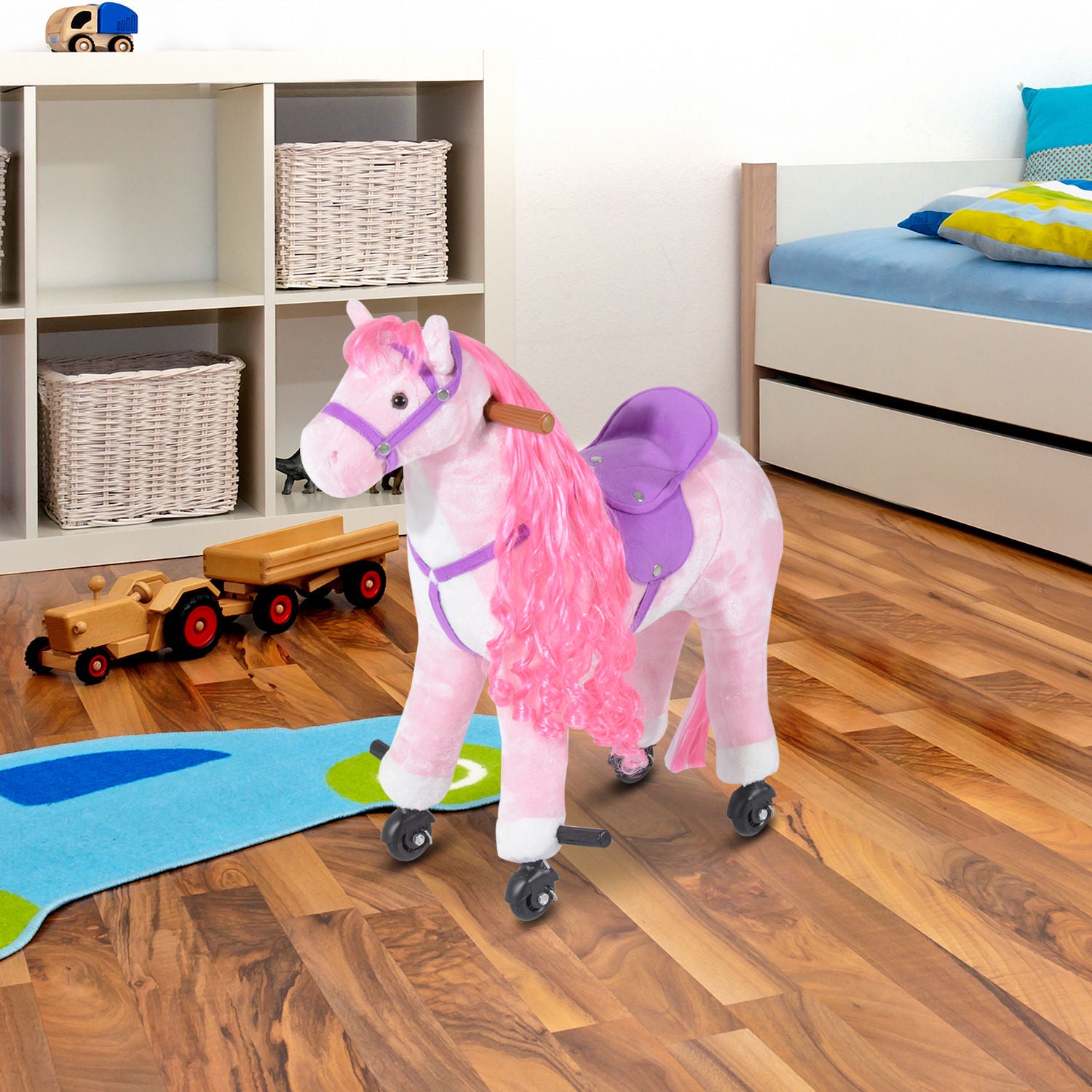 Homcom Kids Plush Ride On Walking Horse Withsound-Pink