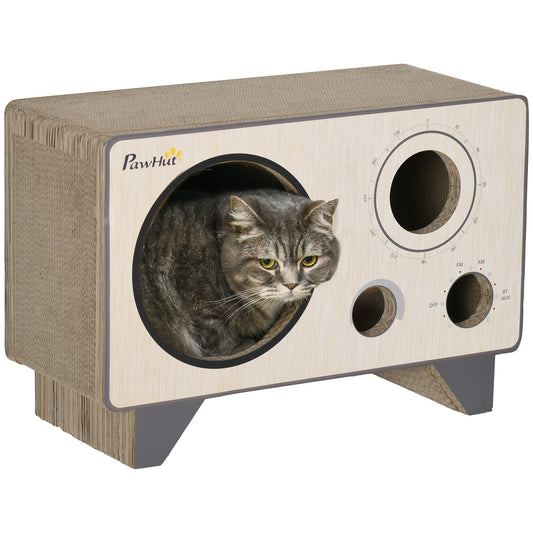 2 in 1 Cat Scratcher, Radio Shape Cat House with Catnip, 57 x 24.5 x 39cm, Natural Wood Finish-0