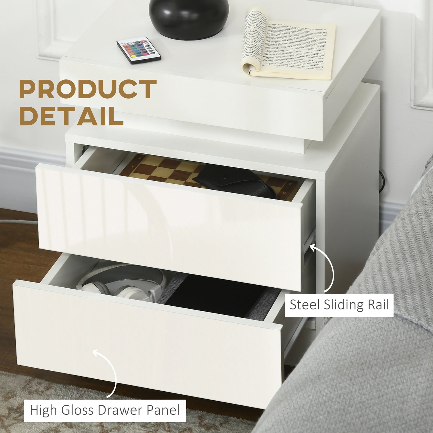 Homcom White Bedside Table with LED Light