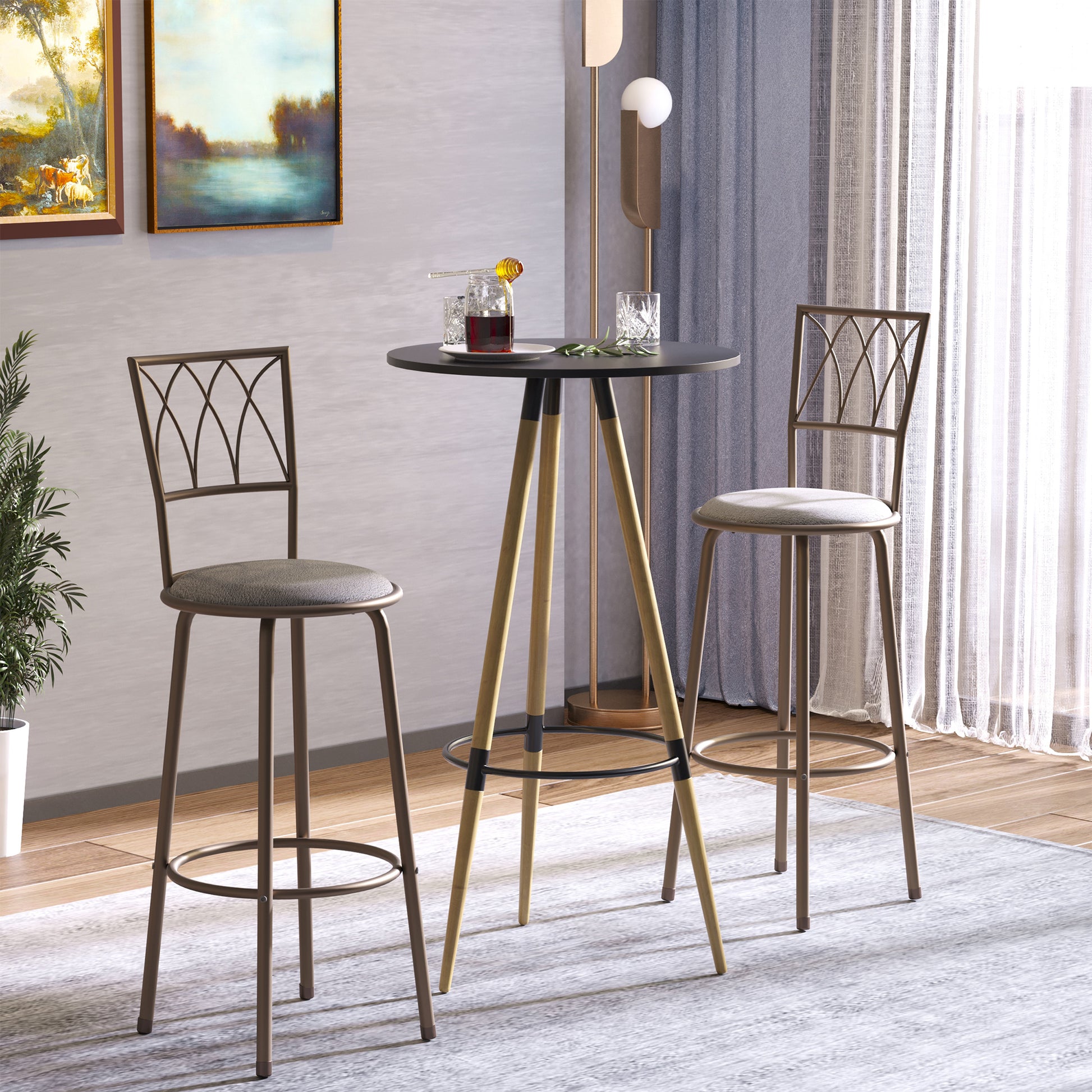 Homcom Set of 2 Bar Chairs Swivel Armless Upholstered Metal Frame Barstools with Backrest & Footrest