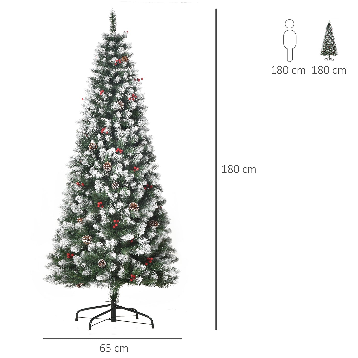 Homcom 6FT Artificial Christmas Tree Foldable Feet Xmas Pencil Tree with Red Berries and Pinecones