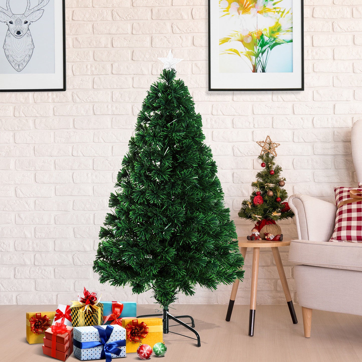 Homcom 4FT Pre-Lit Fibre Optic Artificial Christmas Tree Holiday Xmas Décor with Tree Topper Multi-Colour