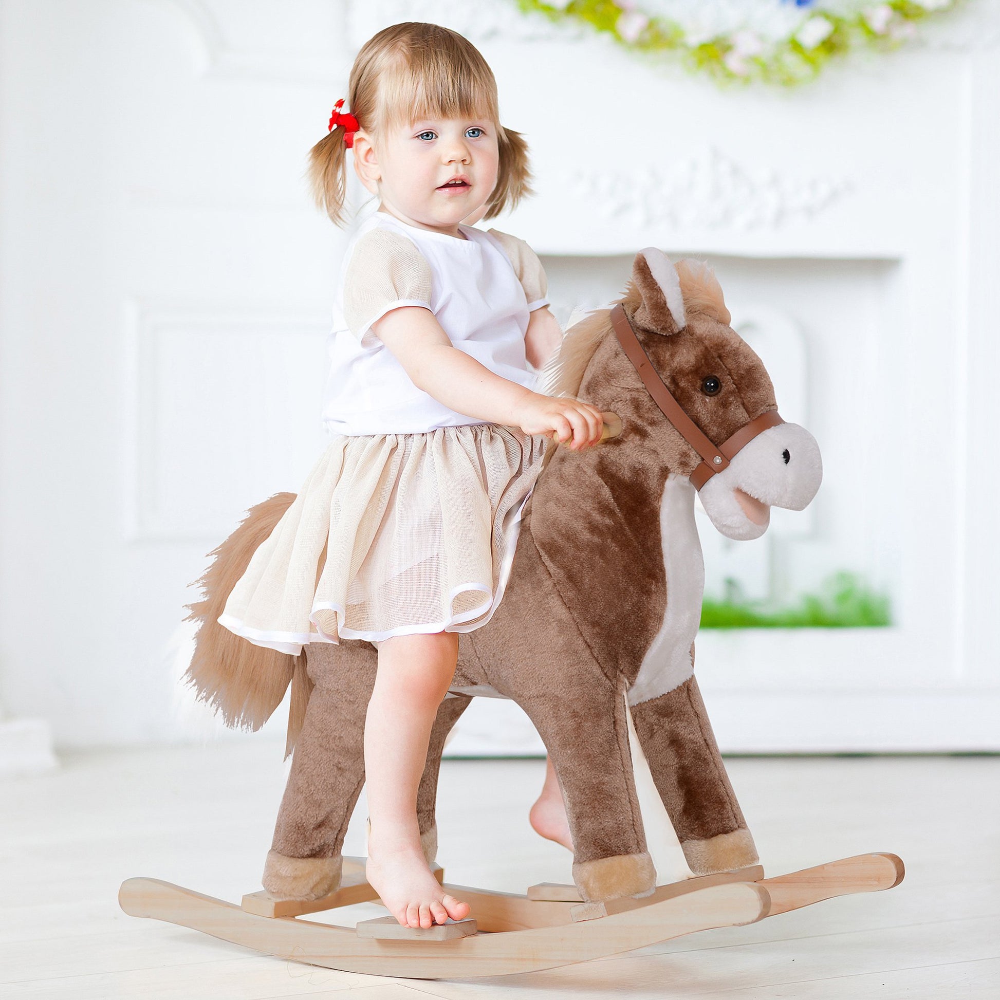 Homcom Kids Plush Rocking Horse-Brown/White