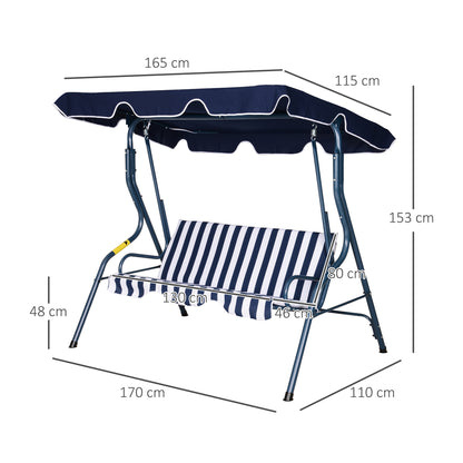 Outsunny 3 Seater Canopy Swing Chair Outdoor Garden Bench With Adjustable Canopy And Metal Frame - Blue Stripes