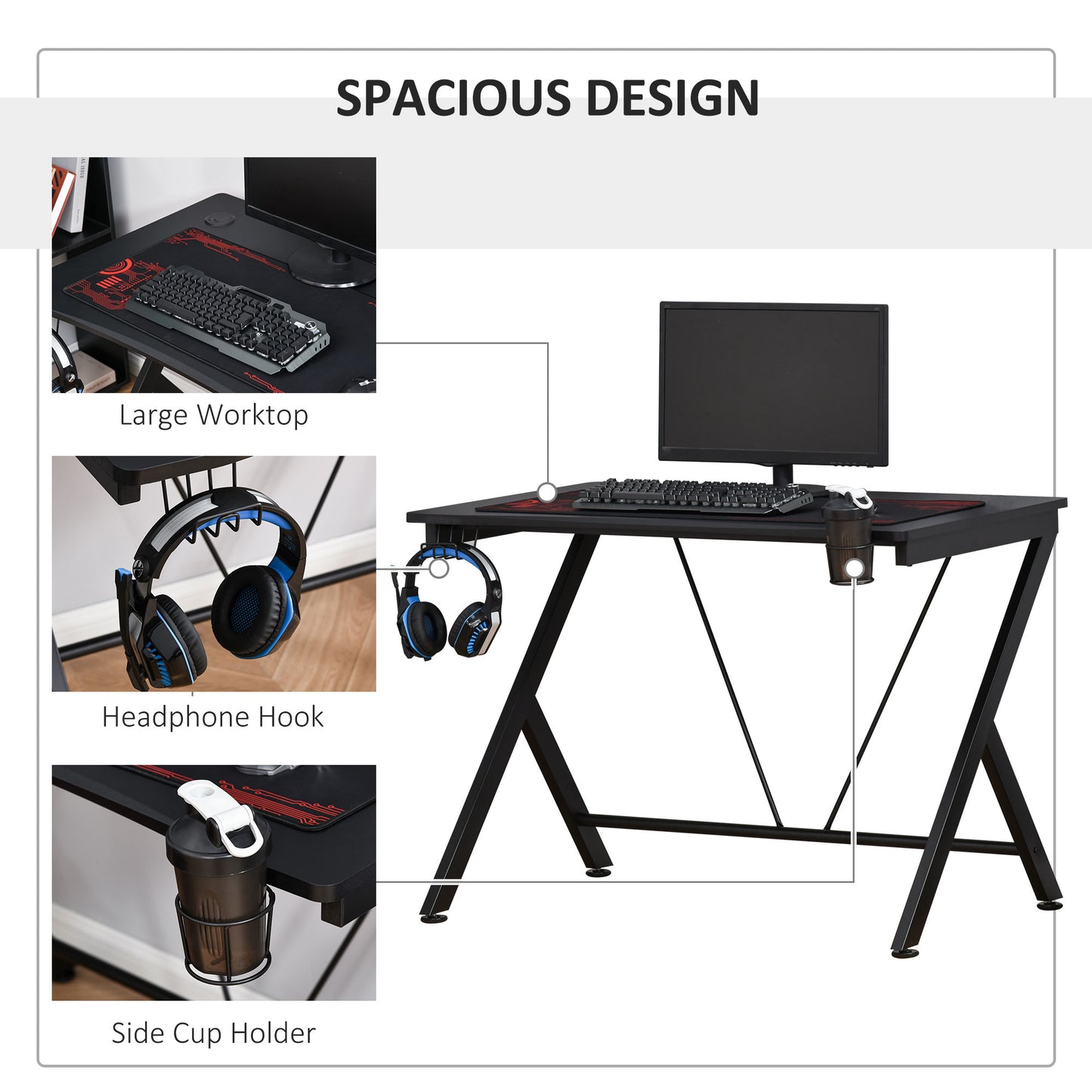 Homcom Gaming Desk Computer Table Metal Frame With Cup Holder Headphone Hook Cable Hole Black