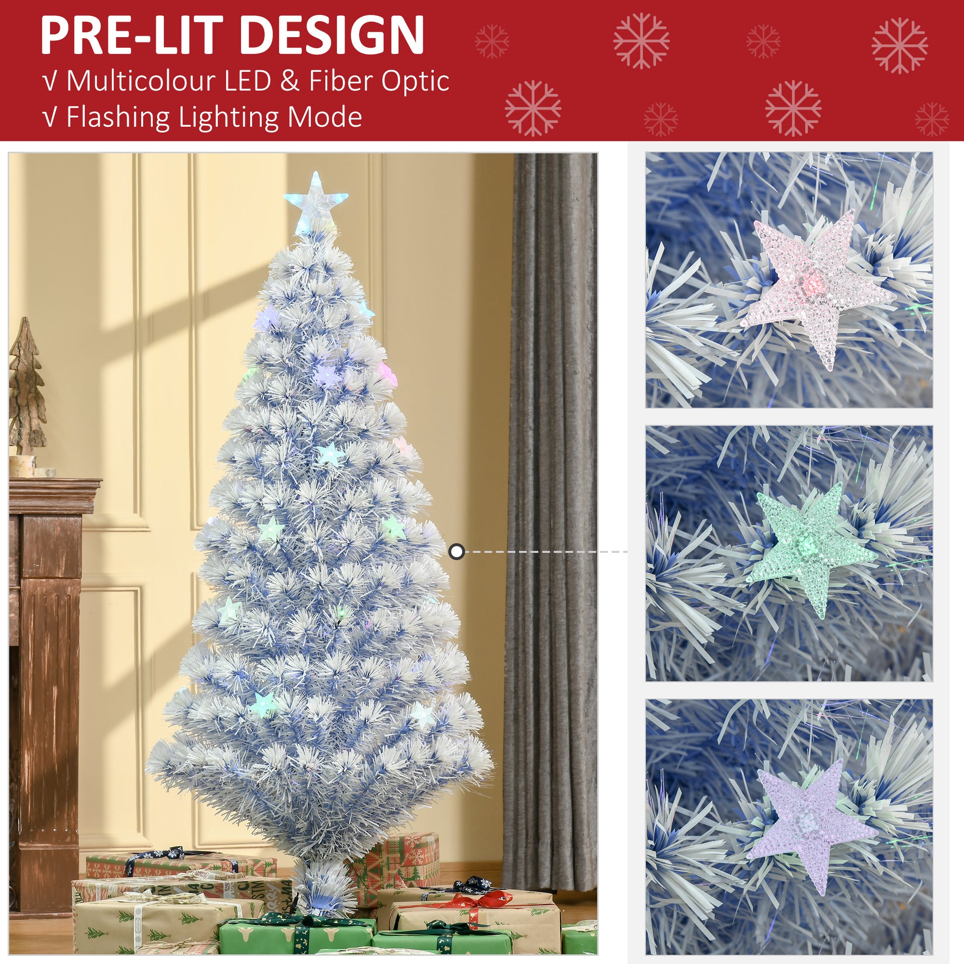 Homcom 5ft Artificial Fibre Optic Christmas Tree Seasonal Decoration w/ 20 LED Lights Pre-Lit Easy Store White Blue