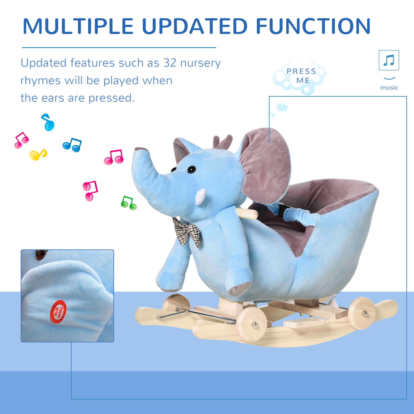 Homcom 2 In 1 Plush Baby Ride On Rocking Horse Elephant Rocker With Wheels Wooden Toy For Kids 32 Songs (Blue)