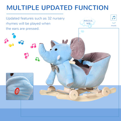 Homcom 2 In 1 Plush Baby Ride On Rocking Horse Elephant Rocker With Wheels Wooden Toy For Kids 32 Songs (Blue)