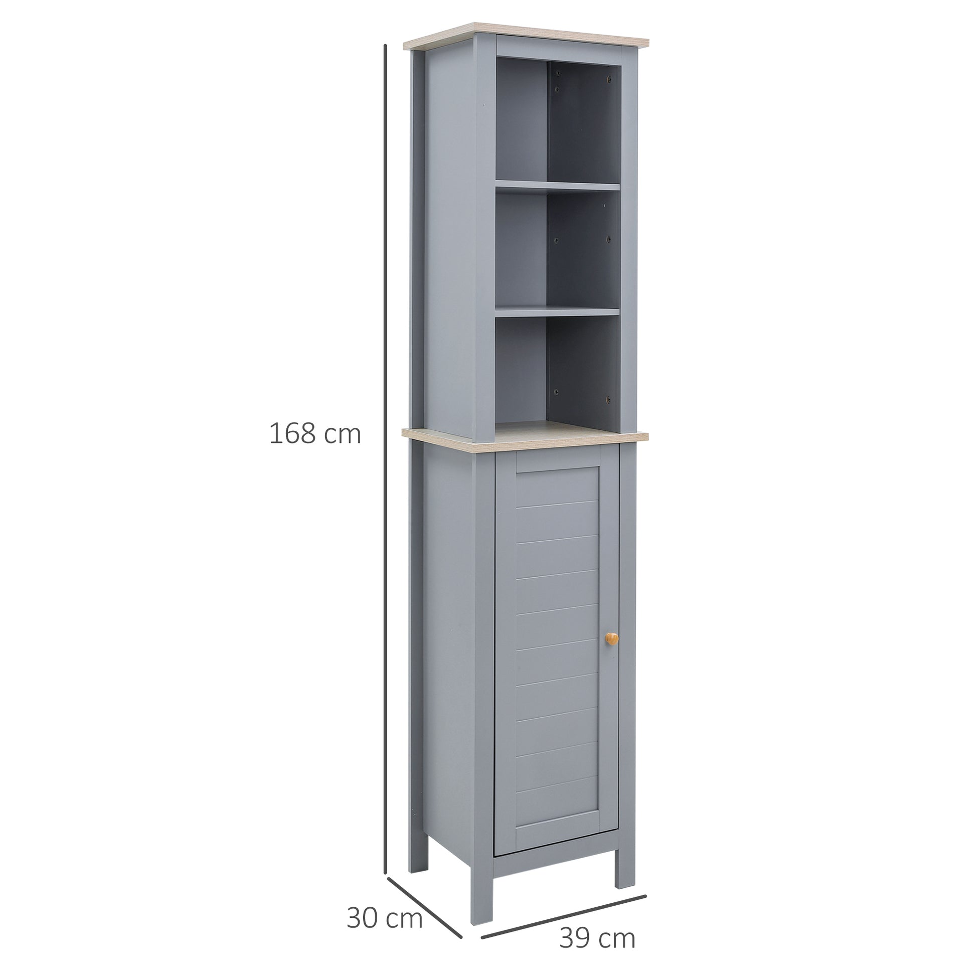 kleankin Bathroom Floor Storage Cabinet with 3 Tier Shelf and Cupboard with Door