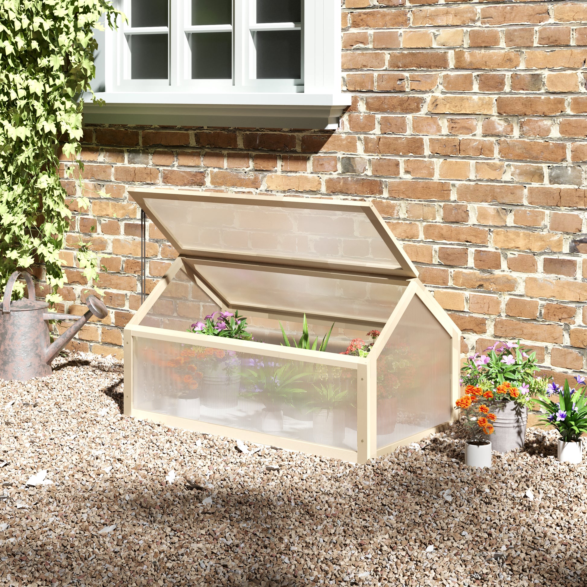 Outsunny Wooden Cold Frame Garden Polycarbonate Greenhouse with Openable Top Cover