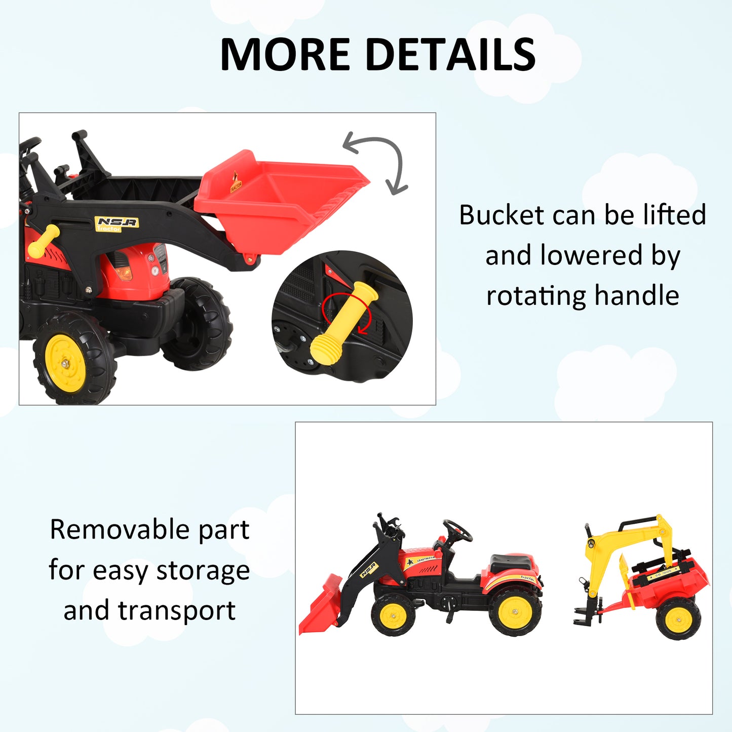 Homcom Kids Children Pedal Go Kart Ride On Toy Car Excavator Tractor w/ Moving Bucket Steering Wheel Removable Digger For 3 - 6 Years