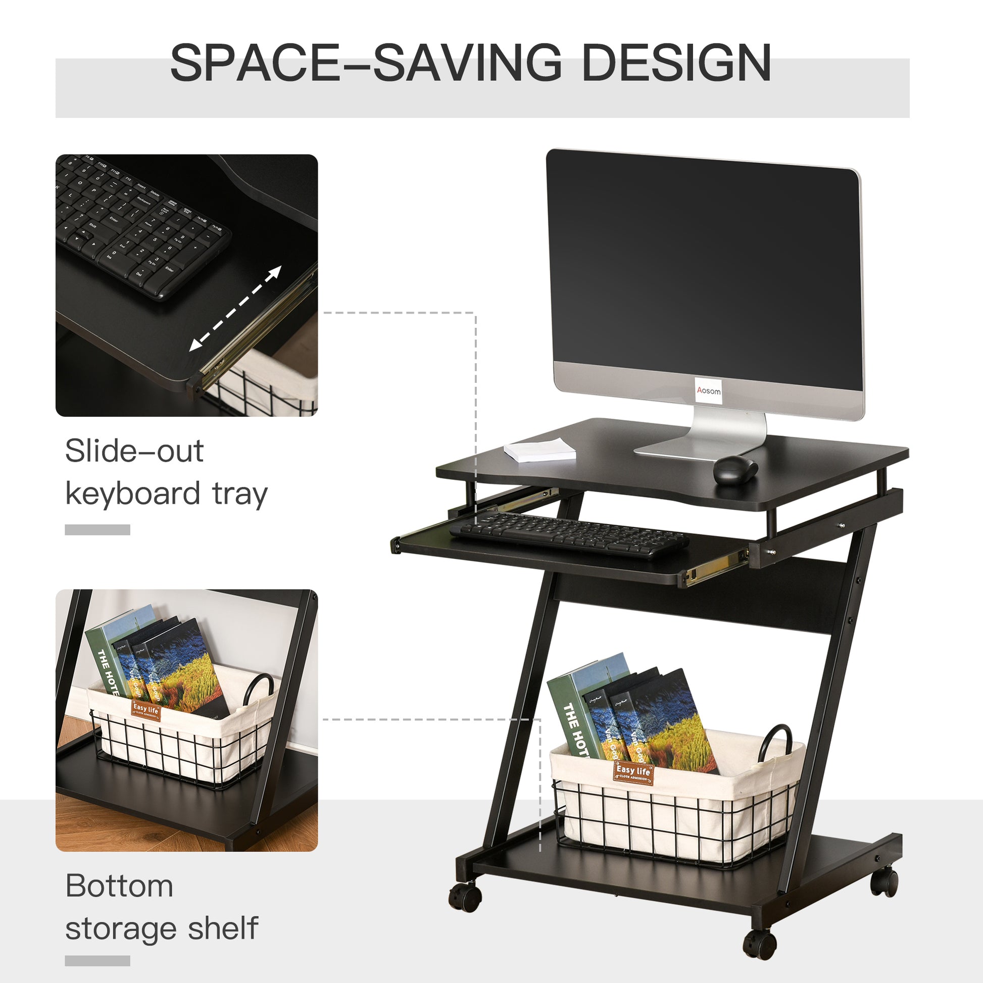 Homcom Movable Computer Desk With 4 Moving Wheels Sliding Keyboard Tray Home Office Workstation Black