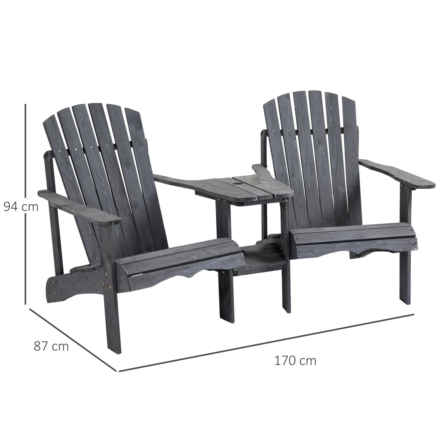 Outsunny Wooden Outdoor Double Adirondack Chairs Loveseat w/ Center Table and Umbrella Hole