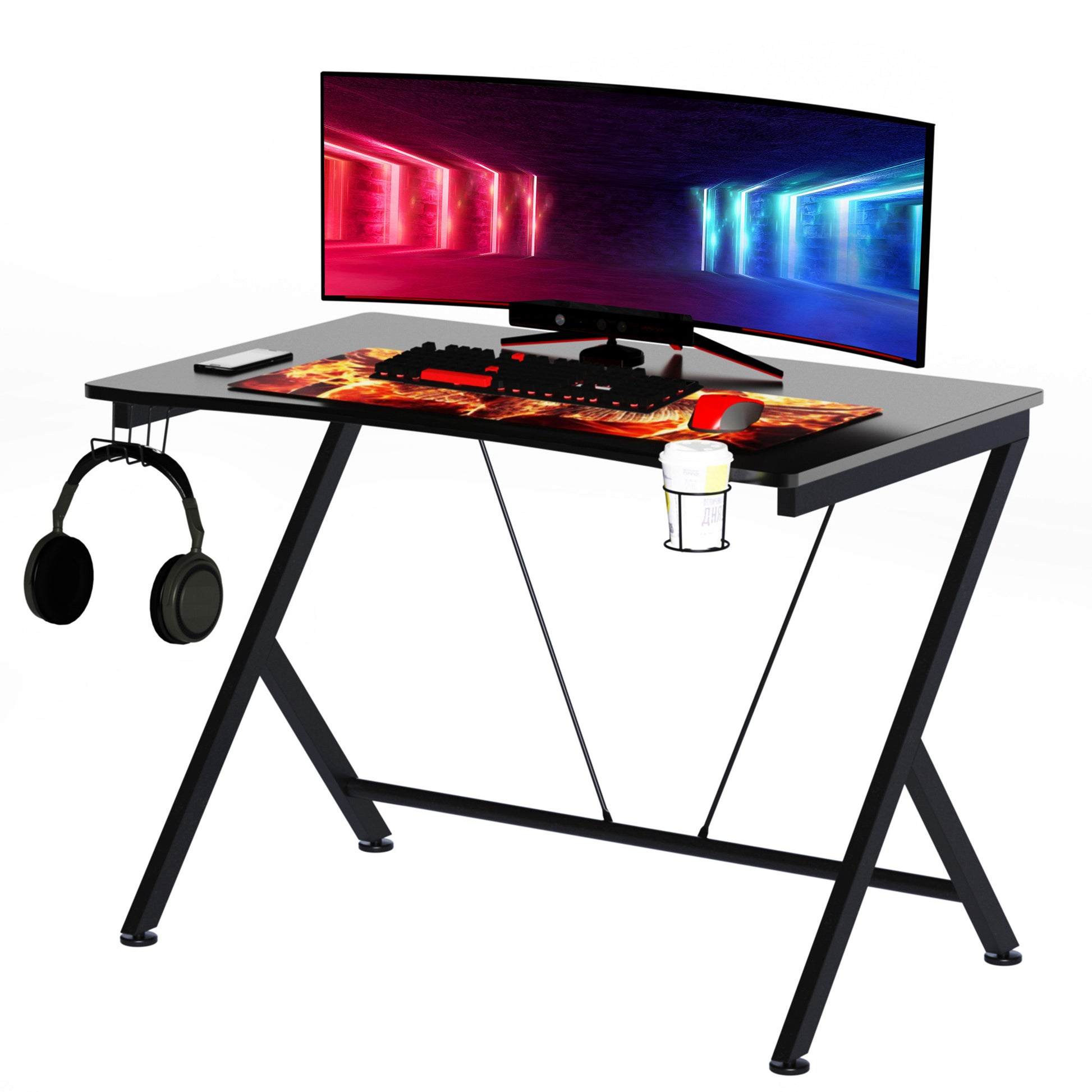 Homcom Gaming Desk Computer Table Metal Frame With Cup Holder Headphone Hook Cable Hole Black