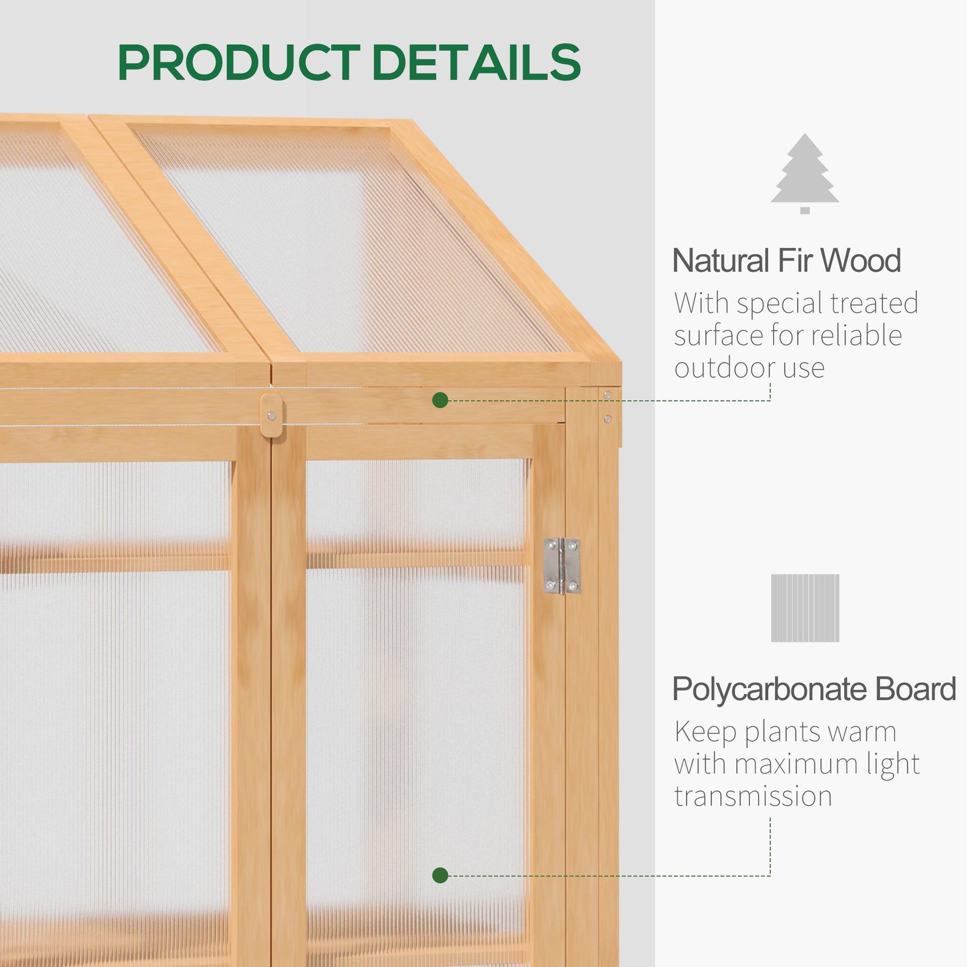 Outsunny Wooden Cold Frame Polycarbonate Greenhouse with Openable Top Cover and Double Door