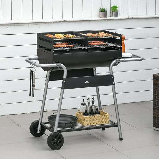 Outsunny Charcoal Barbecue Grill BBQ Trolley with Double Grill