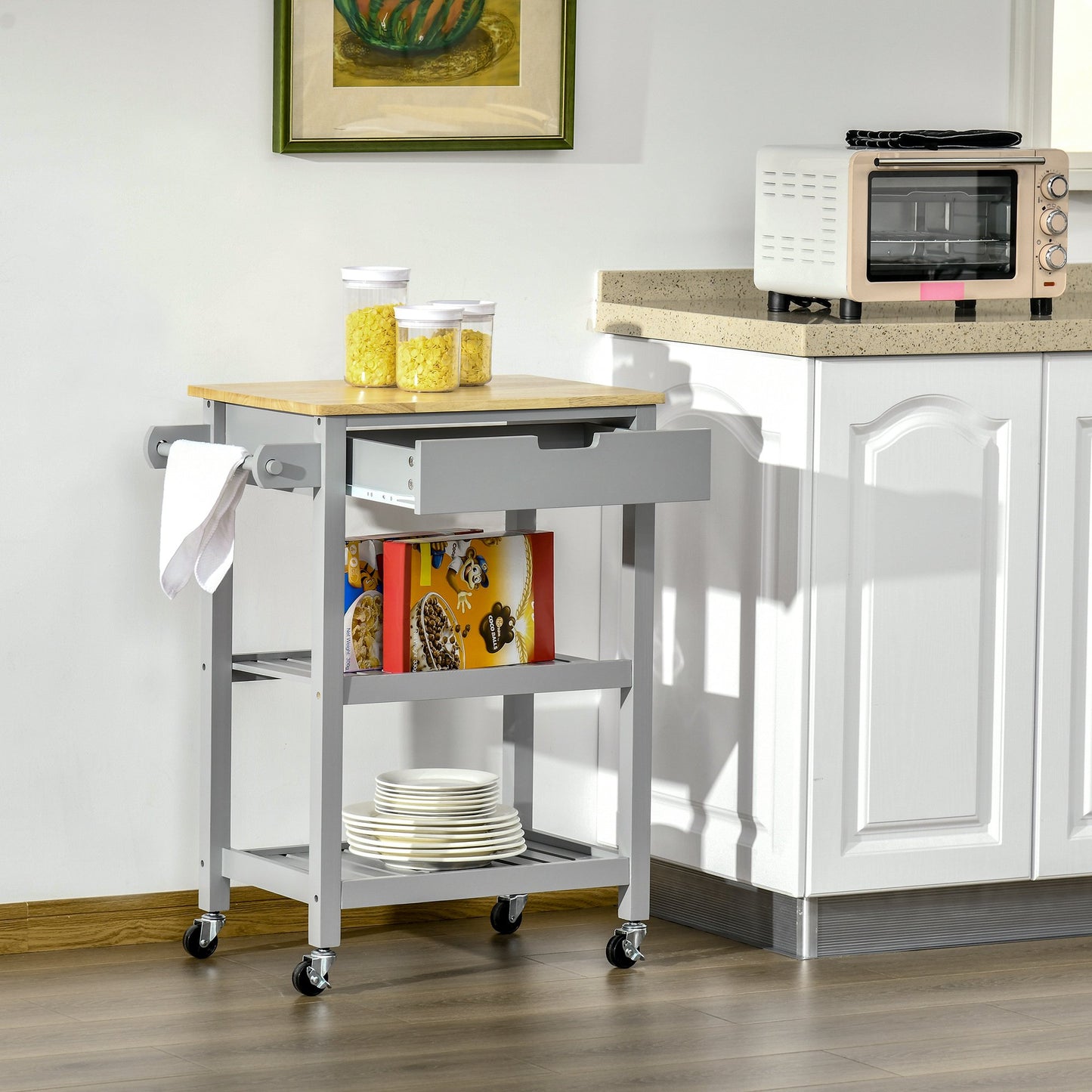 Homcom Kitchen Trolley Utility Cart on Wheels with Rubberwood Worktop