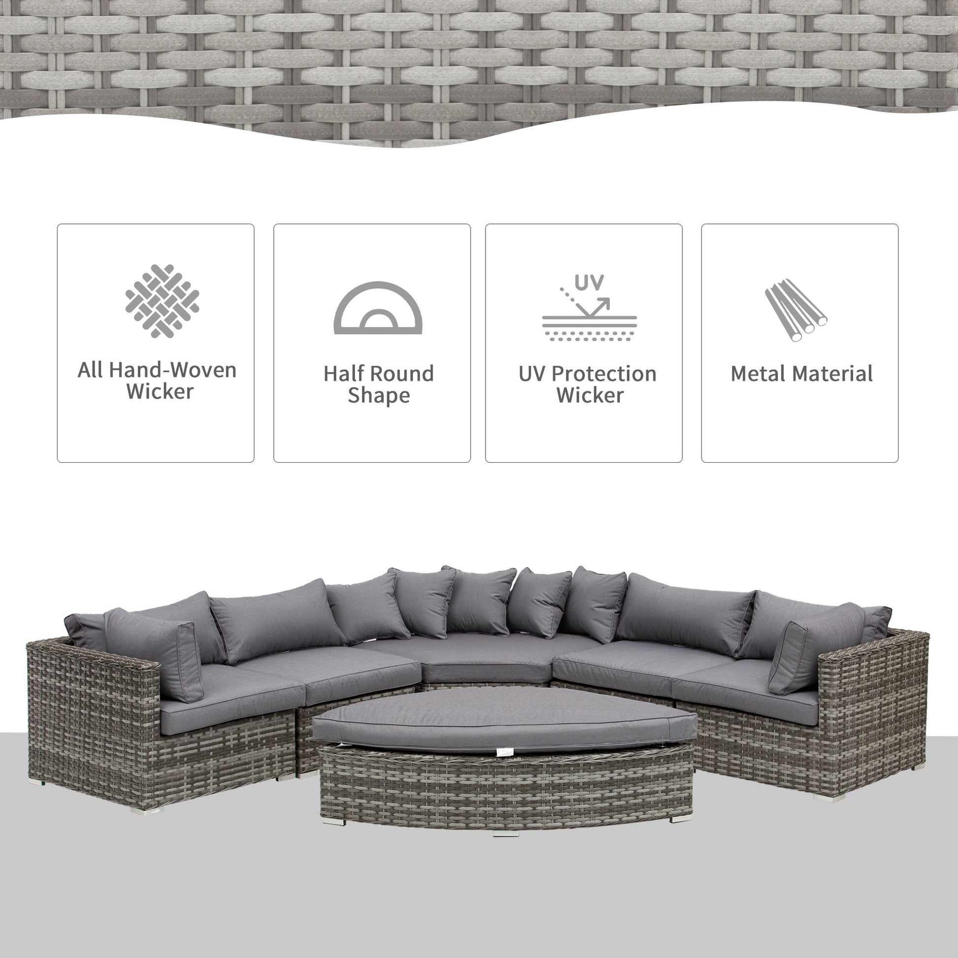 Outsunny 6 PCs Outdoor Rattan Wicker Sofa Set Bonzer Half Round Patio Conversation Furniture Set w/ Angled Corner Design