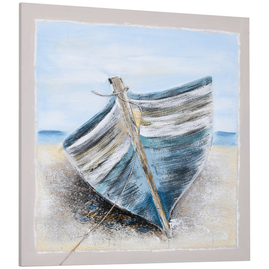 Homcom Hand-Painted Canvas Wall Art Blue Boat in the Beach