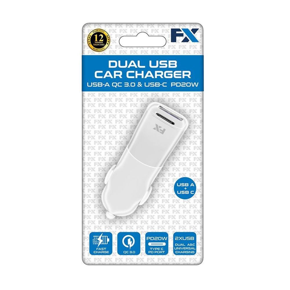 FX Mains Charger Dual USB, USB-A PD20W + USB-A QC3.0 Fast Charger - White