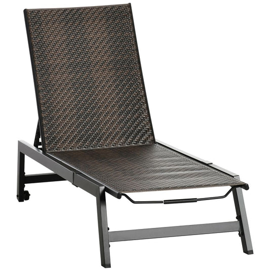 Outsunny Outdoor PE Rattan Sun Loungers w/ 5-Position Backrest & Wheels, Brown