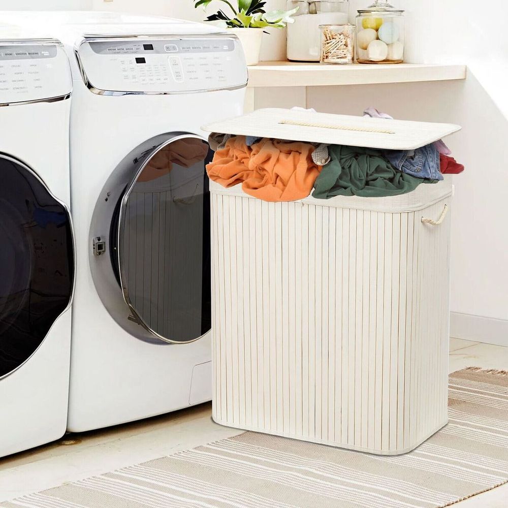 Rectangular Bamboo Laundry Basket-White with Divider