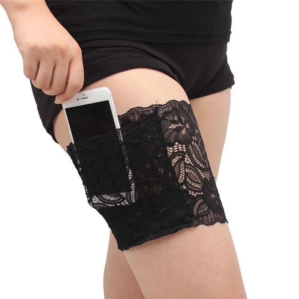 Women Lace Thigh Band with Anti-Slip Cellphone Pocket[L - Black]