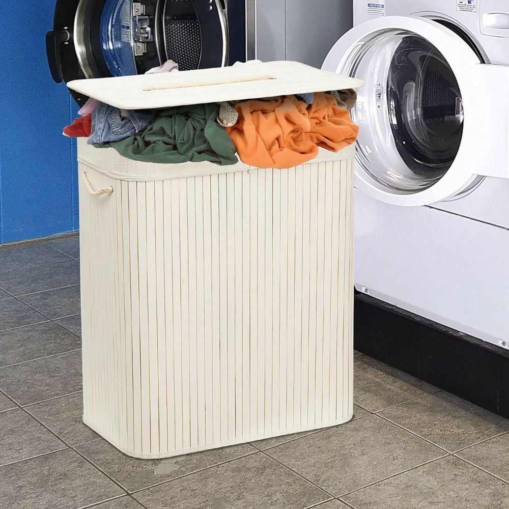 Rectangular Bamboo Laundry Basket-White with Divider