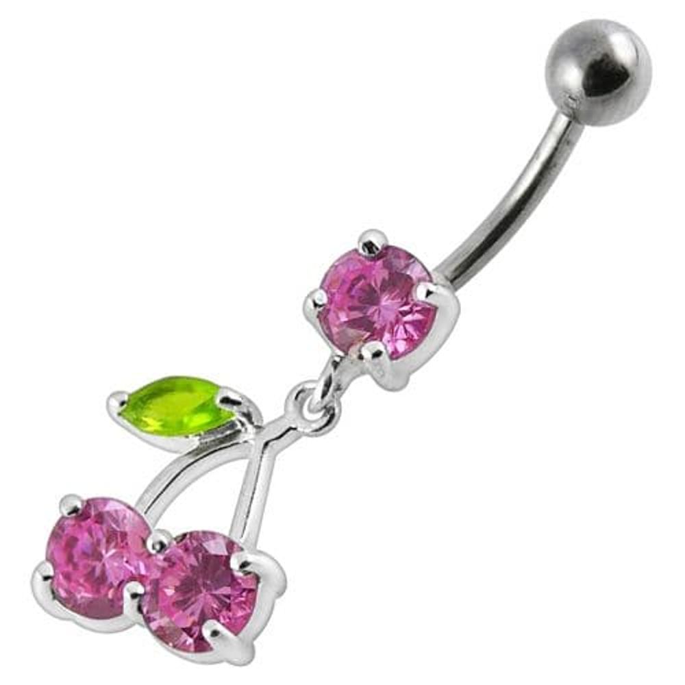 Cherry Jeweled Fancy Silver Dangling Belly Ring With SS Bar