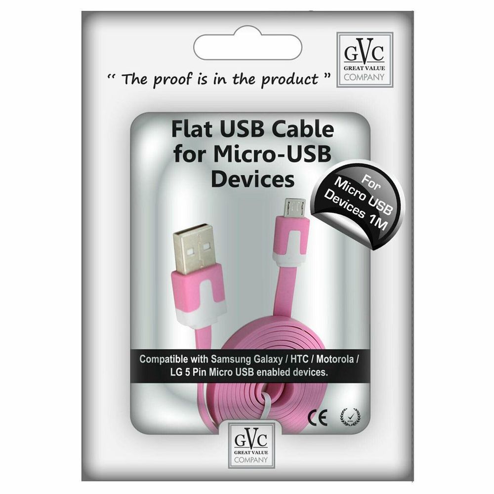 GVC 1 Metre Strong Tangle Free Flat Micro USB Cable for Sync & Charge, Hot Pink