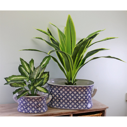 Set of 2 Ceramic Footbath Planters, Vintage Blue & White Geometric Design