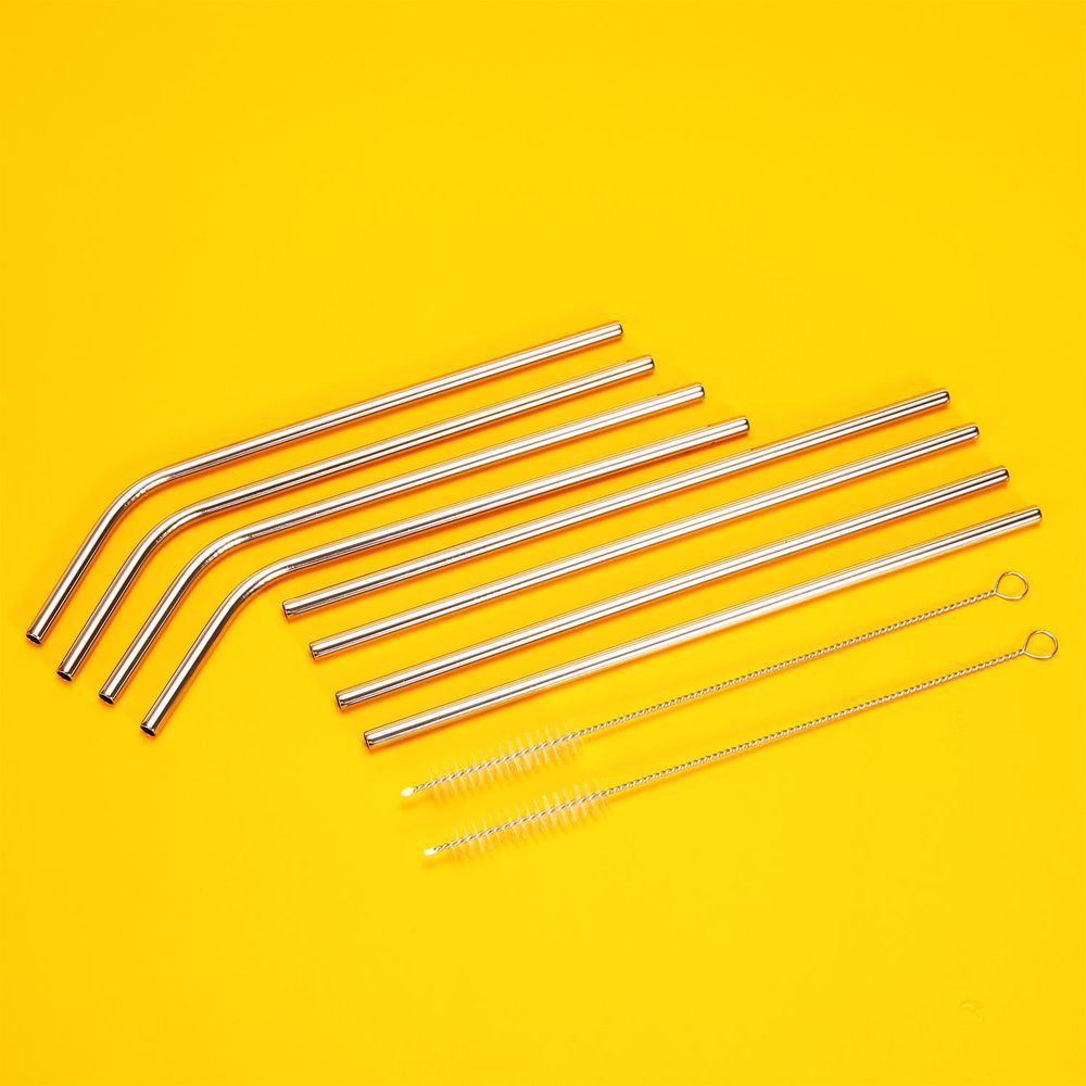 PACK OF 2 8.5" Silver Stainless Steel Reusable Metal Drinking Straws Set of 8 with 2 Cleaning Brushes