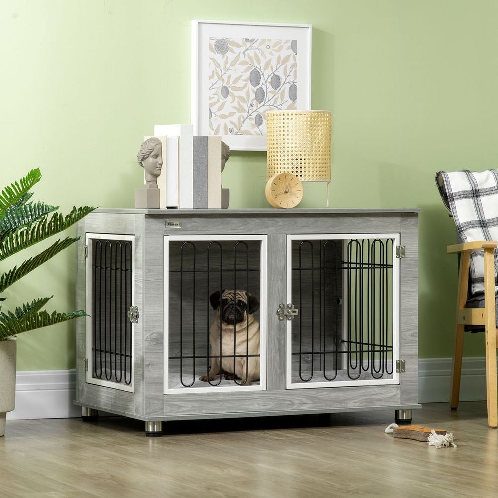 PawHut Dog Crate Furniture, Dog Crate End Table w/ Soft Cushion, Double Door