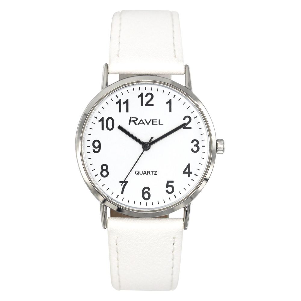 Ravel Mens Ladies Classic Big White Dial White Leather Strap Watch R0129.24.1